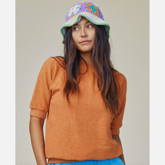 Short Sleeve Raglan Sherpa Terry Sweatshirt Unisex Sweater Coyote Brown XS - Picture 2 of 5